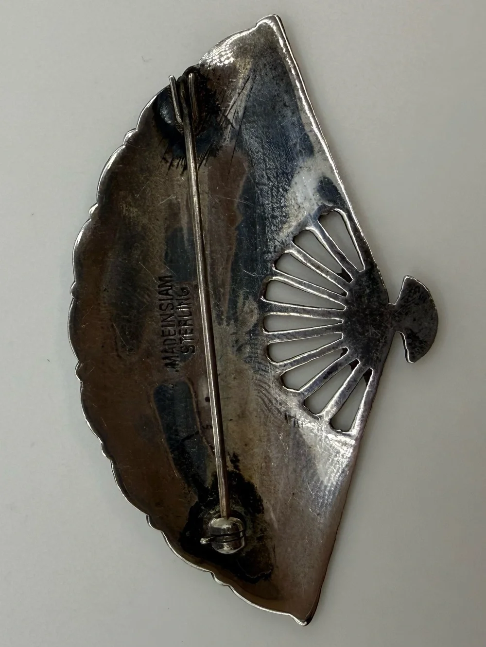 Vintage Siam Sterling Silver Red Enamel Fan Brooch Thai Dancers Niello Pin